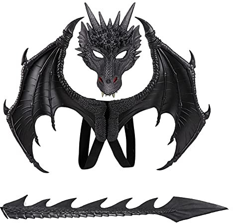 CRTEPST Drachen-Kostüm für Kinder Jungen Mädchen, Drachenflügel-Schwanz-Masken-Set, Halloween-Dinosaurier-Cosplay-Set für Kinder (Schwarz)
