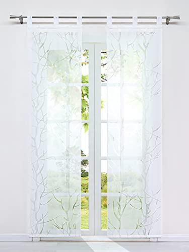 HeichkelL 2er Schiebegardinen Ausbrenner Modern Flächenvorhänge mit Schlaufen Transparente Fensterstores Äste Muster Dekoschals inkl. Beschwerungsstäben Weiß BxH 57x245 cm