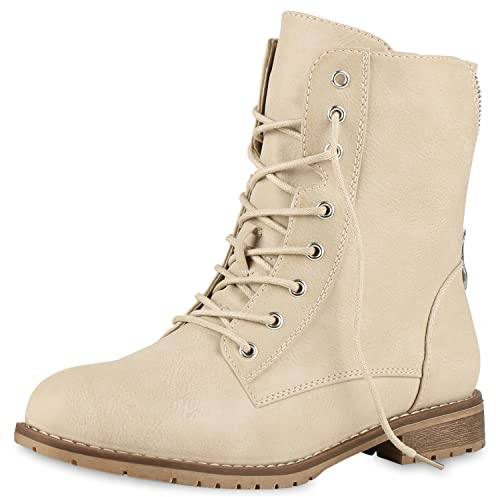 VAN HILL Damen Schnürstiefeletten Profilsohle Schnürer Leder-Optik Stiefeletten Freizeit Booties Herbst Schuhe 610610 Beige 41
