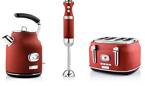 Westinghouse Retroline Set petit-déjeuner rouge, grille-pain, mixeur plongeant et bouilloire, 1,7 l et filtre anti-calcaire, grille-pain à quatre fentes avec support à viennoiseries, mixeur plongeant