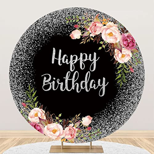 Renaiss 2.2x2.2m Joyeux Anniversaire Toile de Fond Ronde Florale Rose Noire Fond de Photographie des Gamins Adultes Fête d'anniversaire Déco Écrasement de gâteau Polyester Youtube Accessoires Photo