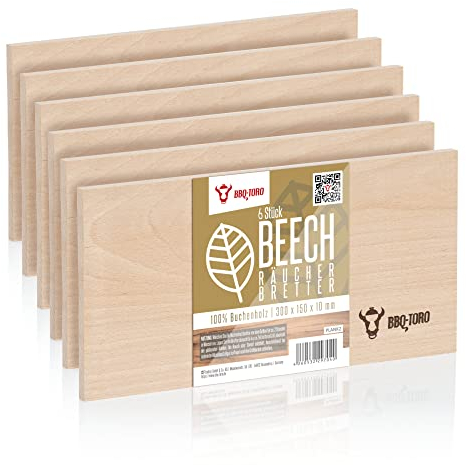 BBQ-Toro Lot de 6 Planches à Fumer en 100% Bois de hêtre - 30 x 15 x 1 cm - Planche à Barbecue pour créer des arômes de fumée pour Poisson, Viande, légumes, pâtisseries - Planche pour Barbecue