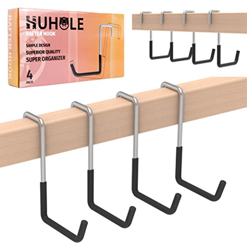 HUHOLE 4 Pack Rafter Hooks for Garage Storage Large S Hooks | No Drill Utility Hangers with 50 lb Capacity for Bikes, Ladders, Plants, Hoses, Wood Joists and Beams