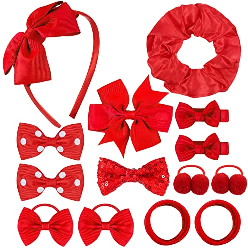 Dacitiery 32Pcs Girls School Hair Accessories Kit Red Bow Hair Clips Red Bow Headband Elastics Bands Hair Accesories for Girls Birthday Gift