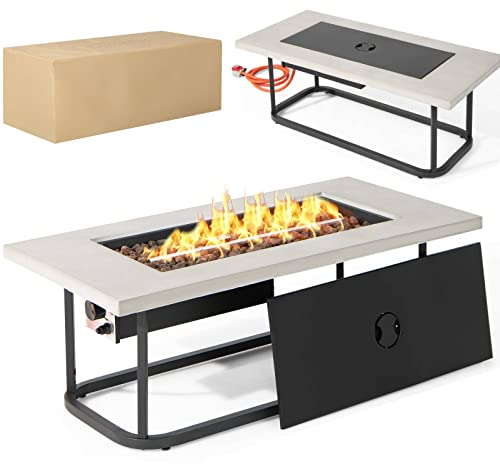 COSTWAY 16 KW Propane Fire Pit Table, Flame Adjustment Outdoor Gas Patio Heater with Waterproof PVC Cover, Lid, Lava Rocks and Instant Touch-up Pen, Rectangular Garden Firepit