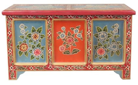Oriental Galerie Indische Holztruhe mit bunten Blumen Schatztruhe Truhe Kiste Box Holz Indien Rot - Bunt 80 cm