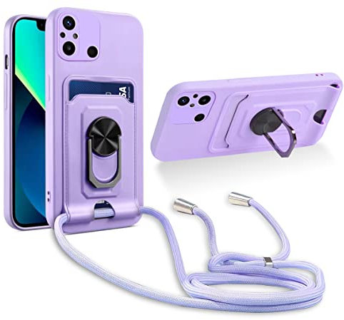 JMstore Handykette Schutzhülle Kompatibel mit Xiaomi Redmi 12C/Redmi 11A,360° Ring Ständer magnetisches Eisenblech+Kartenfach Kameraschutz Stoßfester Silikon hülle-Lila