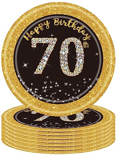 POPOYU 16 Stück 70. Geburtstag Pappteller Schwarz Gold,7 Zoll 23cm Happy 70th Birthday Schwarz-goldene Pappteller Einweg Deko 70. Geburtstag Partygeschirr für Männer Frauen Party Dekoration