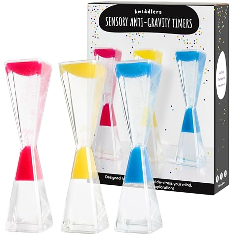 THE TWIDDLERS - Pack de 3 Relojes de Arena - Relojes de Movimiento Líquido Antigravedad - 19cm, 3 Colores (Rojo, Azul, Amarillo) - Juguetes Sensoriales Calmantes para Aliviar el Estrés