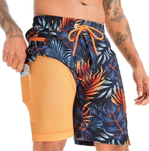 APTRO Costumi Pantaloncini da Bagno Uomo Mare Surf Piscina Stampa Hawaiana Estiva Grande Asciugatura Rapida con Fodera in Rete Palma Giallo Blu MK281 XXL