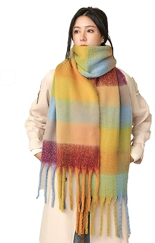 Damen Schal, Kariert übergroßer Winter SchaltuchKaro Schultertuch Plaid Deckenschal Modeschal Weich Warm Strickschal Oversized Herbstschal Warme Winter Stola mehrfarbig,Gelb/Blau