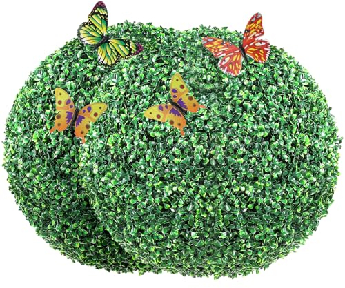 Topiario Artificial de Boj 406 mm Bola de Boj Artificial 2 Plantas Falsas de PE, 10 Hojas Reemplazables, 4 Mariposas Decorativas para Decoración de Interiores, Jardín, Terraza, Balcón, Entrada