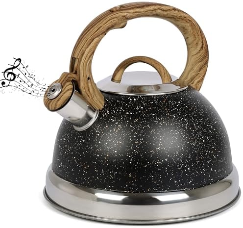 Belle Vous Tetera Negra con Silbato - Pava Retro Vintage de Acero Inoxidable con Mango Plegable 3 L - Te Cafe e Infusiones - Todo Tipo de Placas de Inducción y Fuentes de Calor