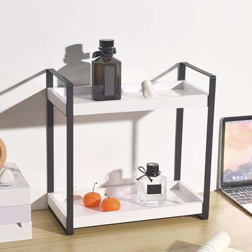 2 Tier Countertop Organiser Shelf, Metal Wooden Frame Desktop Shelves, Spice Racks, Vanity Tray Makeup Cosmetic Storage Basket Counter Organizer, Free Standing Rack for Bathroom Kitchen (White)