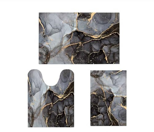 EMMTEEY Badezimmerteppich-Set, 3-teilig, schwarz, grau und gold, Marmor-Badematte, rutschfest, saugfähig, leicht reinigbar, Duschvorleger