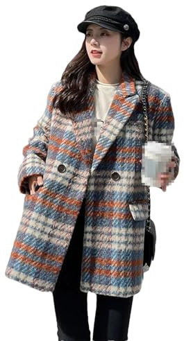 Fnfmrfmr Frauen Plaid Wollmantel Lose Winter Vintage Dicke Jacke Mittlere Länge Mischungen Büro Anzug Outwear