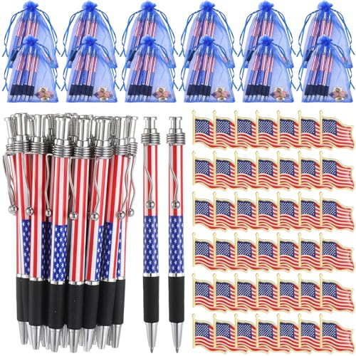 Chivertion 600 Stück 4. Juli Geschenk Großpackung Amerikanische Flagge Anstecknadeln Patriotische Sternflagge Broschen Pin Kugelschreiber Organza Geschenkbeutel Unabhängigkeitstag Veteran Zuhause