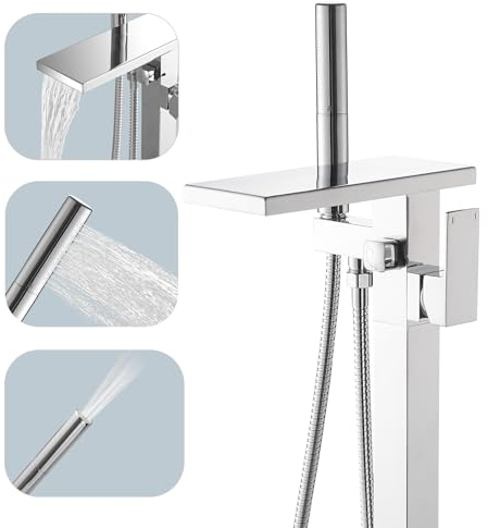 Hoimpro Freistehender Badewannenarmatur, Wasserfall-Wannenfüller, Chrom, Bodenmontage, Messing, Einhebel-Badezimmer-Wannenarmaturen mit 2 Funktionen, Handbrausestab