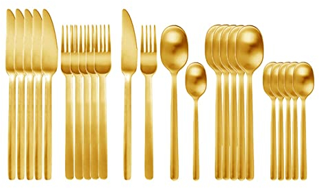 LIKECRAFT Couverts en Acier Inoxydable, Ensemble de Couverts en Or Mat, Couteau, Fourchette, cuillère, argenterie, Vaisselle Lavable au Lave-Vaisselle, Cadeau, 24 pièces