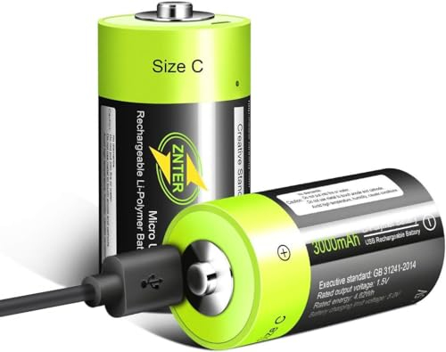 2 Stück Lithium C Akku, Wiederaufladbare Micro USB C Zelle Batterien, Wiederaufladbare C-Batterie,1,5 V, 3000 mAh, Langlebige und Dauerhafte Leistung