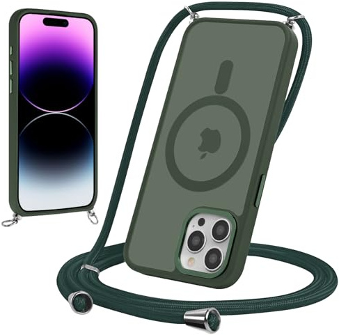 Yoedge Magnétique Coque pour iPhone 11 Pro Max 6,5 avec Cordon, Compatible avec MagSafe, Étui Mat Translucide Rigide PC + TPU Bumper Antichoc Protection Housse Réglable Collier Laniere Case, Vert 1