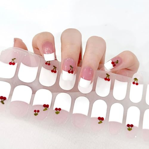 Ceboic Semi Cured Gel Nail Strips, 22PCS Cherry Design Gel Nail Stickers Self-Adhesive Nail Wraps with Soft Gel Finish, Salon Quality French Tips Manicure Stickers Decals Set, UV/LED Lamp Required