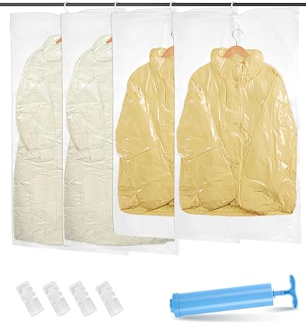TIDEVAN Bolsas de Almacenamiento al Vacío para Colgar,Bolsa de Ropa al Vacío que Ahorra Espacio,Bolsas Vacio Ropa,2 Largas 135x70cm y 2 Cortas 110x70cm Bolsas,Bomba de Mano Incluida,para Trajes,Abrigo