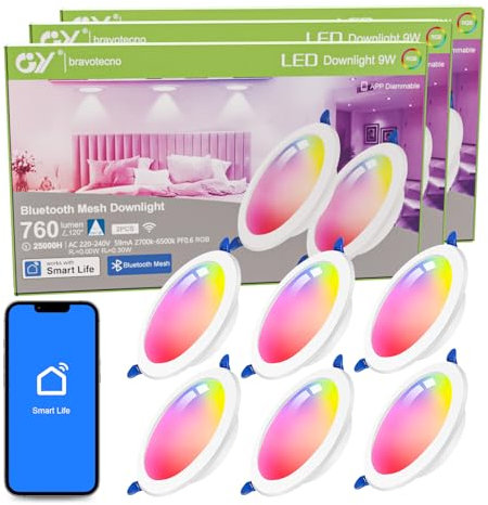 GY Mesh LED Einbaustrahler 230V Spots Flach Dimmbar, Smart Einbauleuchten Deckenspots Deckenstrahler Kompatibel mit Smart Home, 9W 760LM ersetzt 90W, RGB Warmweiß-Kaltweiß Einbauspots, 6er Set
