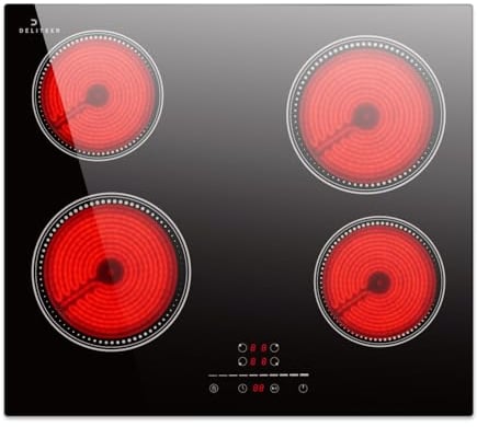 Glaskeramikkochfeld 4 Platten, DELITEER Kochfeld Autark, Kochfelder 59cm Einbau, 6000W, Slider-Touch-Steuerung, Sicherheitsschloss, Pausenfunktion, 220V, 50Hz, Kein Stecker