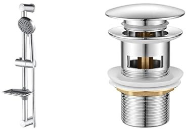 Ibergrif M20903 Ensemble Barre de Douche 55 CM, Douchette, Flexible, Porte-Savon, Chrome, Argent & M20502 vidage Salle de Bain, Bonde de Lavabo Pop Up, Chromé, Argent