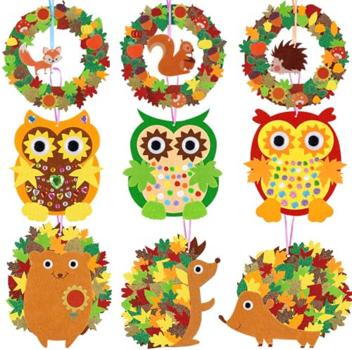 Meleager Herbst Bastelset Kinder, Filz Basteln für Deko, Herbstdeko Basteln, 12 Stück Tieren und Kränze Bastelset für Dekoration Fenster, Tür Wände, Herbstbasteln Kinder für Aktivitäten in Schule