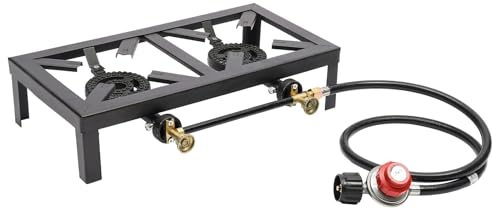 Portable Double Burner Outdoor Gas Stove Propane Cooker with Adjustable 0-10Psi 8000W Gas Boiling Ring Cast Iron Burner for Patio Camping, BBQ etc