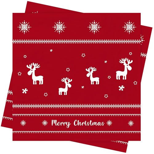 Servietten Weihnachten 40Stück Rot Weihnachten Tischdeko Weihnachts Servietten mit Rentier Schneeflocken Weihnachten Deko Winter Papierservietten Einweg Papierservietten für Weihnachten Party Deko