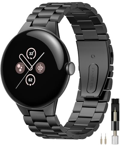 Miimall Metall Armband Kompatibel mit Google Pixel Watch 3 45mm Armband 2024, Edelstahl Doppelte Faltschließe Verstellbares Ersatzarmband für Pixel Watch 3 45mm 2024-Schwarz