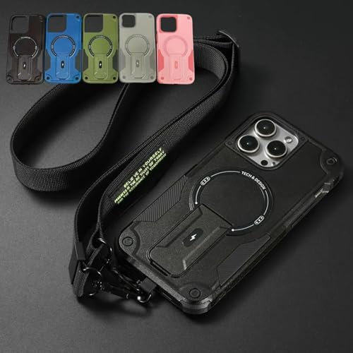 Outdoor Sports Long Strap Crossbody Magnetic Bracket Case for iPhone, Drop-Proof Magnetic Dual Layer Armor Case with Ring Kickstand for iPhone 16 Series (for iPhone 16ProMax,Black)