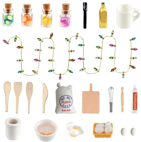 KEPKKU Wichtel Zubehör Weihnachten, Puppenhaus Zubehör Mini Eier Nudelholz Miniatur Zahnbürste Zahnpasta, 27pcs Wichtel Lichterkette Miniatur Wichtel Zubehör Backen Set für Wichteltür Weihnachten Deko