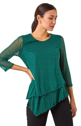 Roman Originals Women Burnout Spot Print Asymmetric Top - Ladies Stretch Jersey Round Neck 3/4 Length Sleeves Lettuce Hem Daywear Tops - Green Teal - Size 12