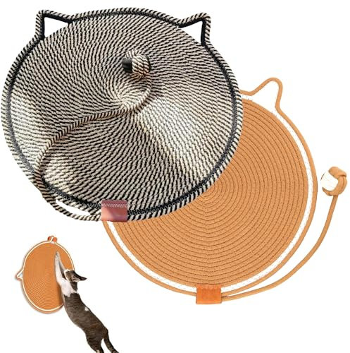 Hojalis 2 Pcs Cat Scratcher Mat, 42cm Natural Cotton Rope Cat Scratch Pad, 16.5’‘ Round Horizontal Floor Cats Scratching Pads, Cats Furniture Protector for Wall, Couch, Carpets, Sofa(Two colors)