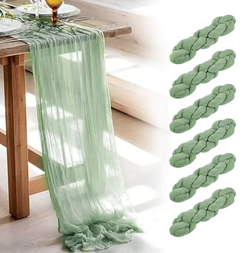 Käsetuch Tischläufer Boho Musselin Seihtuch 90 x 300 cm für Hochzeit Party Wiederverwendbar Lange Tischabdeckung für Baby Brautdusche Deko Transluzentes Gaze Mittelstück (Salbeigrün, 6pcs)