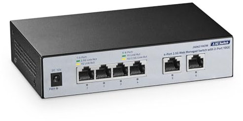 YuLinca Switch gestito Via Web 10G, 4 Porte RJ45 2,5G + 2 Porte RJ45 10G, LACP/VLAN/QoS, Metallo Senza Ventola, per Nas/Giochi/Streaming 8K