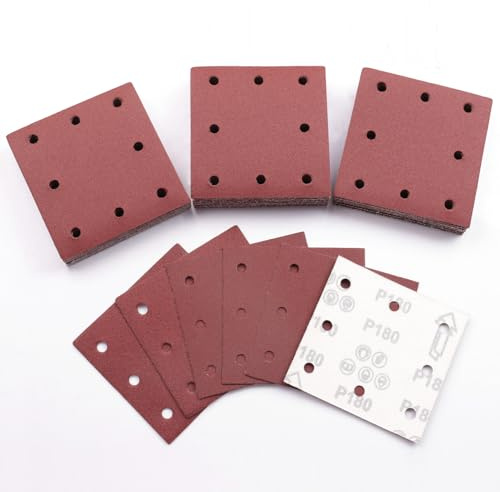 Sruhrak 50 Pezzi Carta Abrasiva Kit, 110x115mm Fogli Levigatrice 180 Grana 8 Fori Carta Vetrata Rettangolari per Levigatrice Orbitali Casuali