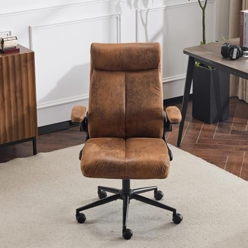 Bonnlo Rolling Ergonomic Office Desk Chair with Padded Flip-up Arms, 360° Swivel High Back Executive Computer Task Chair with Wheels for Game,Home Small Space, Study Room, Office (Microfiber Brown)