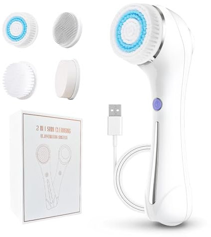 Elektrische Gesichtsreinigungsbürste mit 6 Bürstenköpfen - 360° Rotation Gesichtsbürste (2 Stufen), Schall & Mikrostrom für Tiefenreinigung & Porenpflege, IPX7 Wasserdichte, Wiederaufl (Weiß)