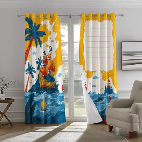 Vorhang Kinder Cartoon Blickdicht, Vorhänge Pirat Karibikkarte Fenster Gardinen Schlafzimmer, Gelb Blau Blickdichte Vorhänge für Wohnzimmer Thermo Vorhang mit Ösen, H166 x B75 cm (2er Pack)