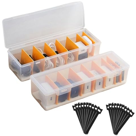 2 Stück Kabel Organizer Box, Kabel Aufbewahrungsbox mit 20 Kabelbindern | Kabel Organizer Box mit 7 Verstellbare Fächern, Cable Management Box für Schreibtisch, Büro, Zuhause