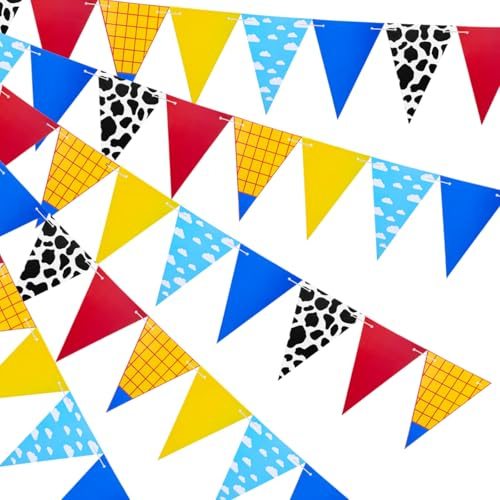 12 Stück Spielzeug Cartoon Story Geburtstag Banner Geburtstag Party Dekorationen Blauer Himmel Weiße Wolke und Kuh Druck Wimpel Rot Blau Gelb Schnur Dreieck Flagge Banner für Babyparty Geburtstage