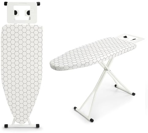 Trintion Bügelbrett 110 x 38 x 64-77 cm 6-Fach höhenverstellbar rutschfeste Gummifüße Baumwollbezug mit Bügeleisenablage Tischplatte Universalbügelbretter Bügelbrettablage (Weißes Quadratmuster)