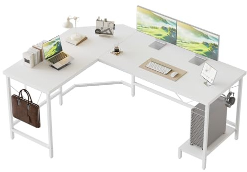 Mericonia L Shaped Desk, Diamond Design for Socket, 135x110cm, White | Corner Gaming Desk with 2 Hooks, Easy to Assemble, Computer Desk for Home Office, All-in-One Solution for Work & Leisure