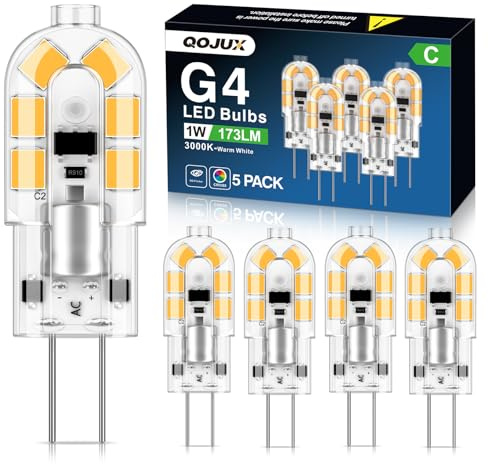 QOJUX G4 LED Warmweiß Lampen, 1W 173LM G4 LED Birnen Klasse C, Ersatz für 15W 20W Halogenlampen, 12V AC/DC Stiftsockel, 3000K Energiesparlampe, Nicht Dimmbar Kein Flimmern, 5er Pack