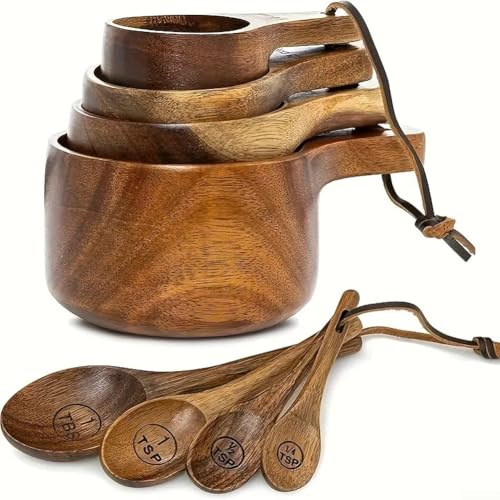 Besttoolifes Acacia and Beech Wood Measuring Cup and Spoon Set with Engraved Markings, 8-Piece Kitchen Gadget Collection for Baking, Cooking(2 Set)